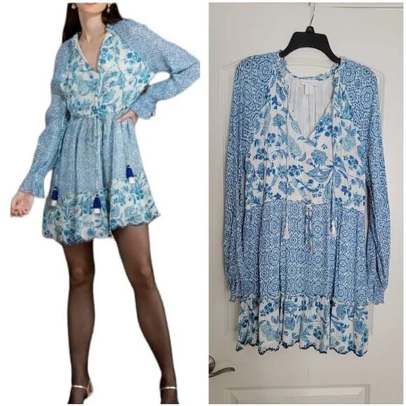 REVOLVE X HOUSE OF HARLOW Boho Mini Shirt Dress Size S Tiered Blue Beachy Tassel - Picture 1 of 15